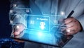 Person Using Tablet with Display of AI Agents and Digital Interface Elements for Technology and Innovation Concept in Royalty Free Stock Photo