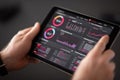 Person using tablet displaying colorful business analytics and data visualization charts on screen Royalty Free Stock Photo