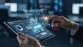 Person using a tablet with a futuristic holographic advanced dashboard displaying analytics Royalty Free Stock Photo