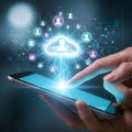 Person using a tablet with a holographic interface displaying cloud computing icons Royalty Free Stock Photo