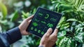 Person using tablet in lush green environment to analyze data trends and growth patterns Royalty Free Stock Photo