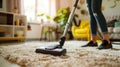 A person using a vacuum cleaner to tidy carpet at home close up Royalty Free Stock Photo