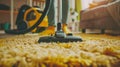 A person using a vacuum cleaner to tidy carpet at home close up Royalty Free Stock Photo