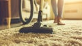 A person using a vacuum cleaner to tidy carpet at home close up Royalty Free Stock Photo