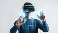 Person using virtual reality headset with holographic interface isolated on white background Royalty Free Stock Photo