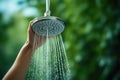 Person Using Waterefficient Showerhead To Conserve Water. Access To Clean Water For The Poor.. Generative AI