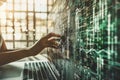 Person utilizing ai for visual dashboard and marketing report in a dynamic office environment