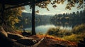 person view couple resting at camping woman laying in hammock with beautiful view. generative ai