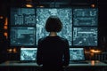 person analyzing data on multiple screens in dark room, concept of cybersecurity, it Royalty Free Stock Photo