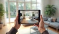 Person views interior design tech using tablet. AR home decor displayed on device. Virtual furniture placement shown. Person