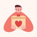 Person volunteer with box for donation with hearts in hands. Cute clipart in flat style with man activist.