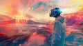 A person in a VR headset stands amidst a vibrant, surreal landscape, with swirling psychedelic colors and mountainous terrain