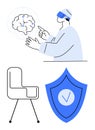 Person in VR Interacting with Brain Model, Chair and Shield Representing Innovation and Security Royalty Free Stock Photo