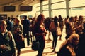 person, waiting for their flight in busy and crowded airport terminal, with people rushing to catch their flights