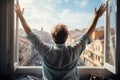 A person waking up in bed with stretched hand up on a window sill. Cityscape