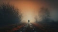 A person walk into the misty foggy road in a dramatic mystic scene with warm colors. Mysterious man walking in the mist Royalty Free Stock Photo
