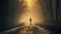 A person walk into the misty foggy road in a dramatic mystic scene with warm colors. Mysterious man walking in the mist Royalty Free Stock Photo