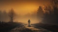 A person walk into the misty foggy road in a dramatic mystic scene with warm colors. Mysterious man walking in the mist Royalty Free Stock Photo