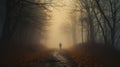 A person walk into the misty foggy road in a dramatic mystic scene with warm colors. Mysterious man walking in the mist Royalty Free Stock Photo