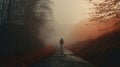 A person walk into the misty foggy road in a dramatic mystic scene with warm colors. Mysterious man walking in the mist Royalty Free Stock Photo