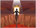 Person Walk On A Rope To Go Across Hell To Heaven Gate. Religion Spiritual Journey Scene Cartoon Illustration Vector