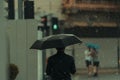 Person is walking alone in the rain, protected from the elements by a black umbrella