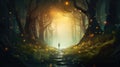 Person walking along the path through the dark enchanted forest towards the light. Girl in a magical landscape. Generative AI