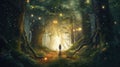 Person walking along the path through the dark enchanted forest towards the light. Magical landscape. Generative AI