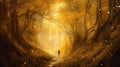 Person walking along the path through the misty forest filled with golden light. Magical autumn landscape. Generative AI