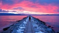 A person walking along a pier at sunset. Generative AI image.