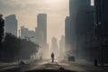 person, walking along smoggy city street, with view of polluted skyline