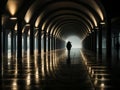 a person walking through an arched tunnel at night Royalty Free Stock Photo