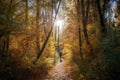 person, walking through autumn forest, with the sun shining through the trees Royalty Free Stock Photo