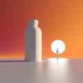 A person walking away from a medication bottle with a rising sun signifying a new day. Psychology emotions concept. AI