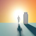 A person walking away from a medication bottle with a rising sun signifying a new day. Psychology emotions concept. AI