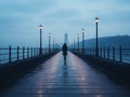 a person walking on a bridge in the fog