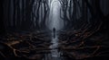 A person walking through a dark forest with roots. Generative AI image.