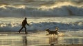 Person Walking Dog on Beach Royalty Free Stock Photo