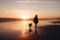 A person walking a dog on a beach at sunset. Generative AI image. Royalty Free Stock Photo