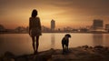 person walking with dog at beach at sunset, woman play with pet at nature, silhouette of female and animal playing Royalty Free Stock Photo