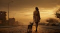 person walking with dog at beach at sunset, woman play with pet at nature, silhouette of female and animal playing Royalty Free Stock Photo