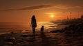 person walking with dog at beach at sunset, woman play with pet at nature, silhouette of female and animal playing Royalty Free Stock Photo