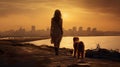 person walking with dog at beach at sunset, woman play with pet at nature, silhouette of female and animal playing Royalty Free Stock Photo