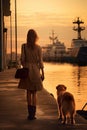 person walking with dog at beach at sunset, woman play with pet at nature, silhouette of female and animal playing Royalty Free Stock Photo