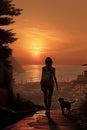 person walking with dog at beach at sunset, woman play with pet at nature, silhouette of female and animal playing Royalty Free Stock Photo