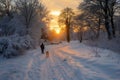 person walking dog on snowy path with trees and setting sun Royalty Free Stock Photo