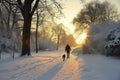 person walking dog on snowy path with trees and setting sun Royalty Free Stock Photo