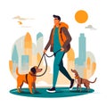 Person walking dogs in urban, city walk with pets group. Cartoon vector illustration