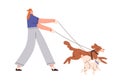 Person walking with dogs. Young woman walker leading doggies on leash. Girl, pet sitter strolling with canine animals Royalty Free Stock Photo