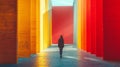 Person Walking Down Hallway With Multiple Colored Columns